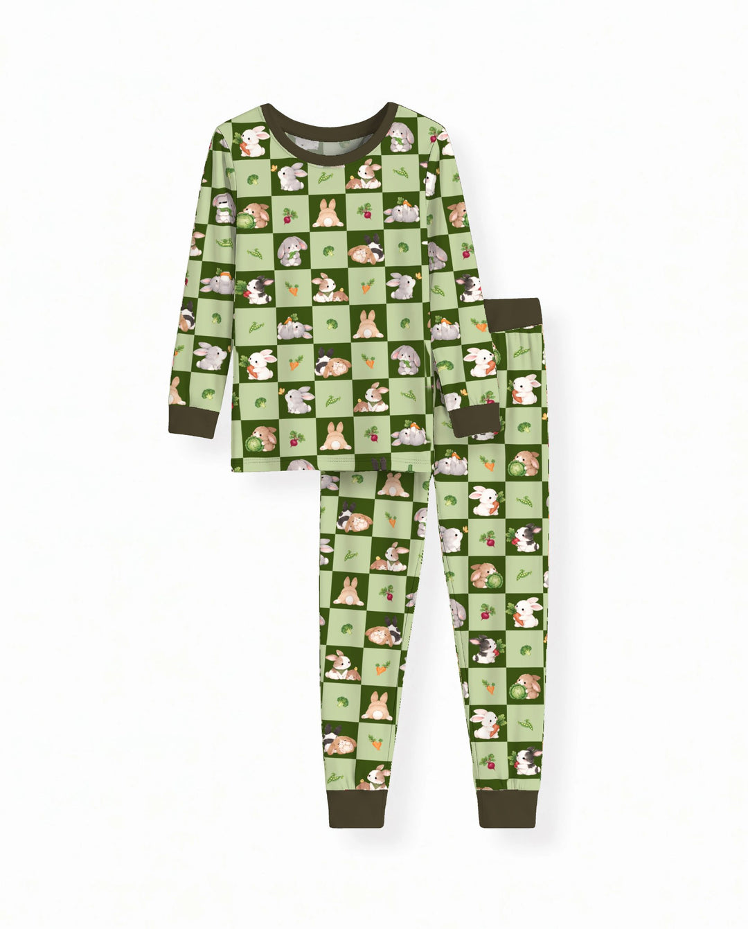 Bunny Green Garden Checkerboard Bamboo Two Piece Long Sleeve Pajama Set