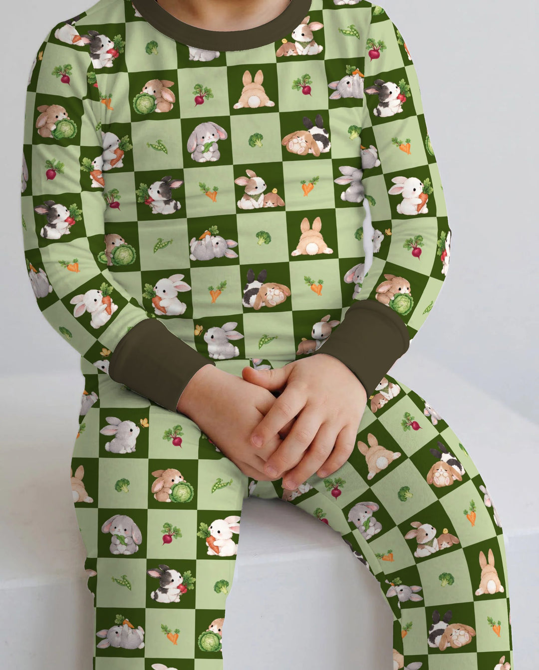Bunny Green Garden Checkerboard Bamboo Two Piece Long Sleeve Pajama Set