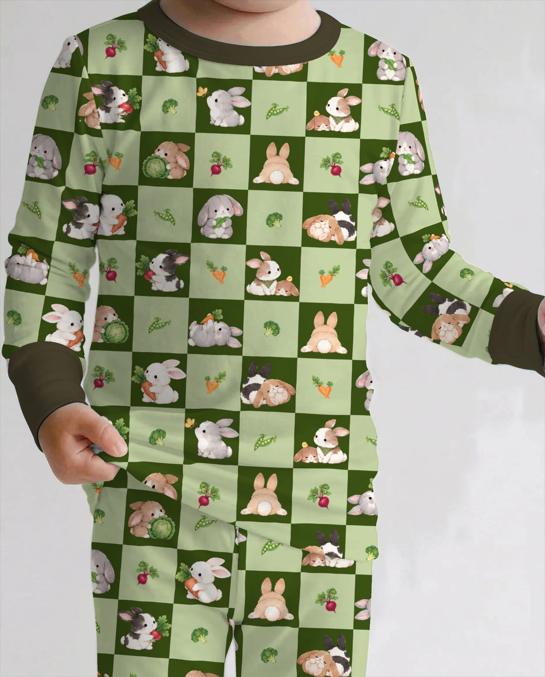 Bunny Green Garden Checkerboard Bamboo Two Piece Long Sleeve Pajama Set