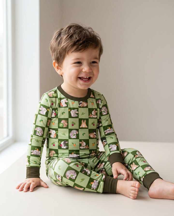 Bunny Green Garden Checkerboard Bamboo Two Piece Long Sleeve Pajama Set