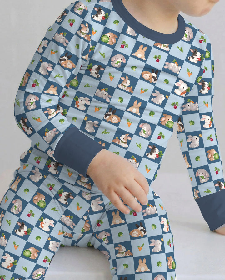 Bunny Blue Garden Checkerboard Bamboo Two Piece Long Sleeve Pajama Set