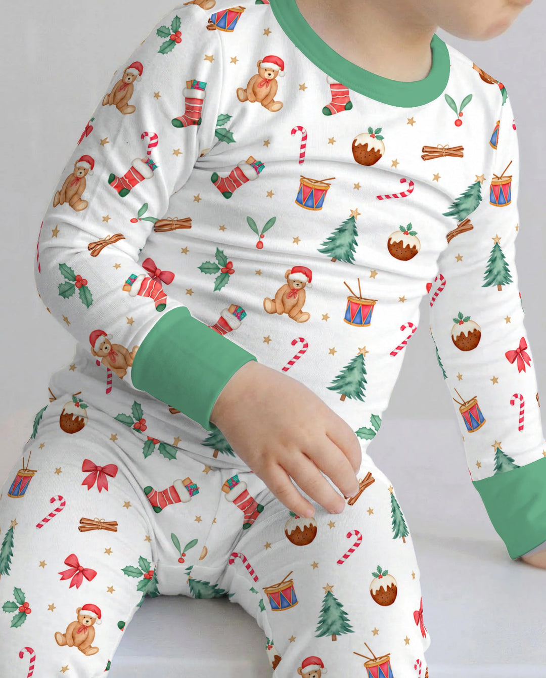 Watercolor Christmas Teddy Bear Holiday Bamboo Two Piece Long Sleeve Pajama Set