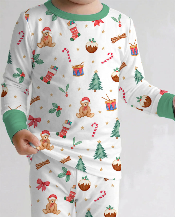 Watercolor Christmas Teddy Bear Holiday Bamboo Two Piece Long Sleeve Pajama Set