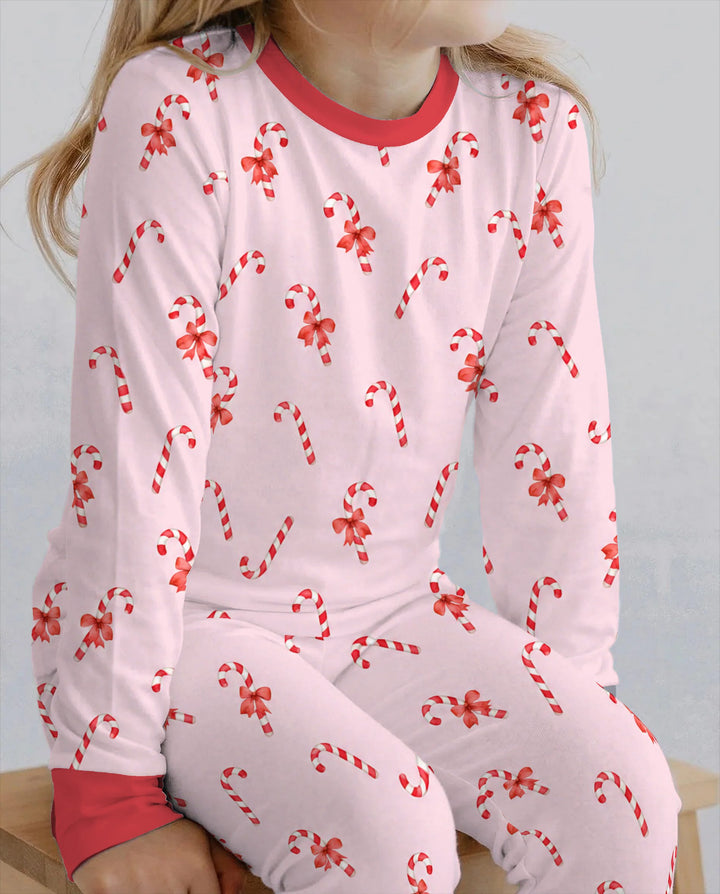 Pink Candy Cane Bow Christmas Bamboo Two Piece Long Sleeve Pajama Set