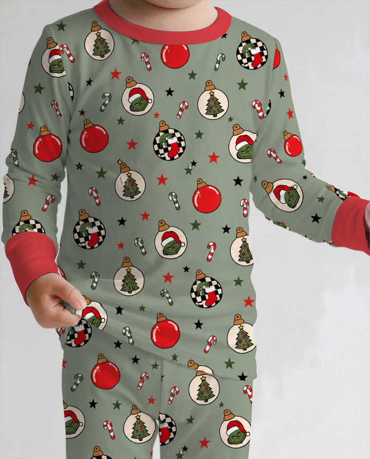 Grinch Christmas Ornaments Sage Green Bamboo Two Piece Long Sleeve Pajama Set