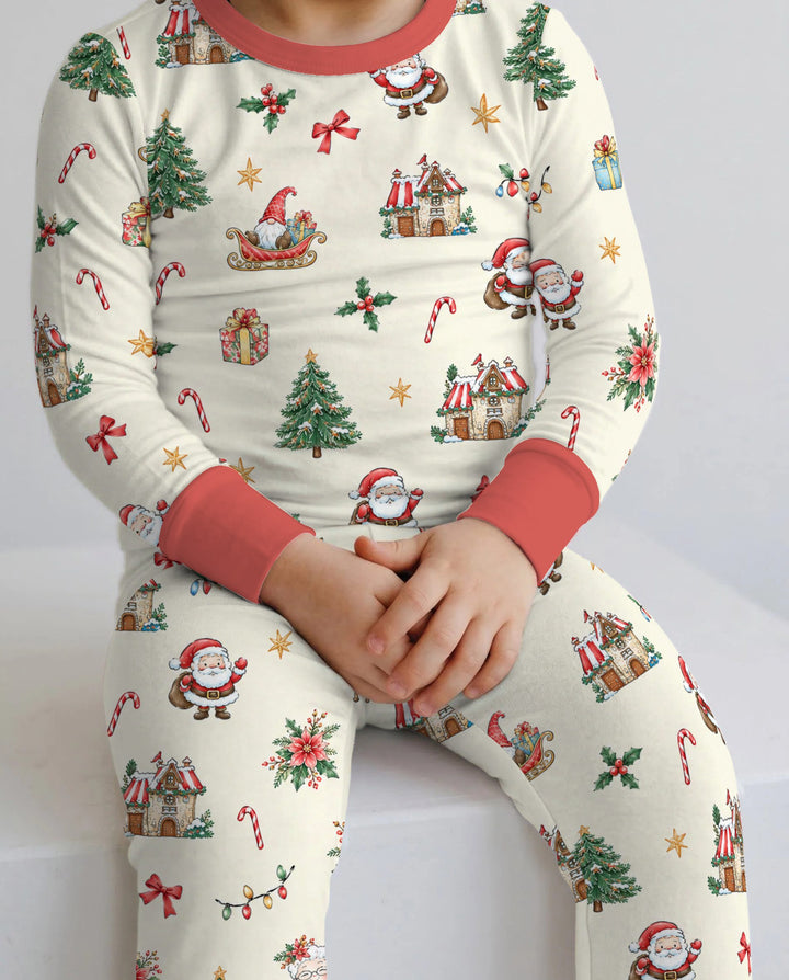 Vintage Santa Christmas Village Bamboo Two Piece Long Sleeve Pajama Set