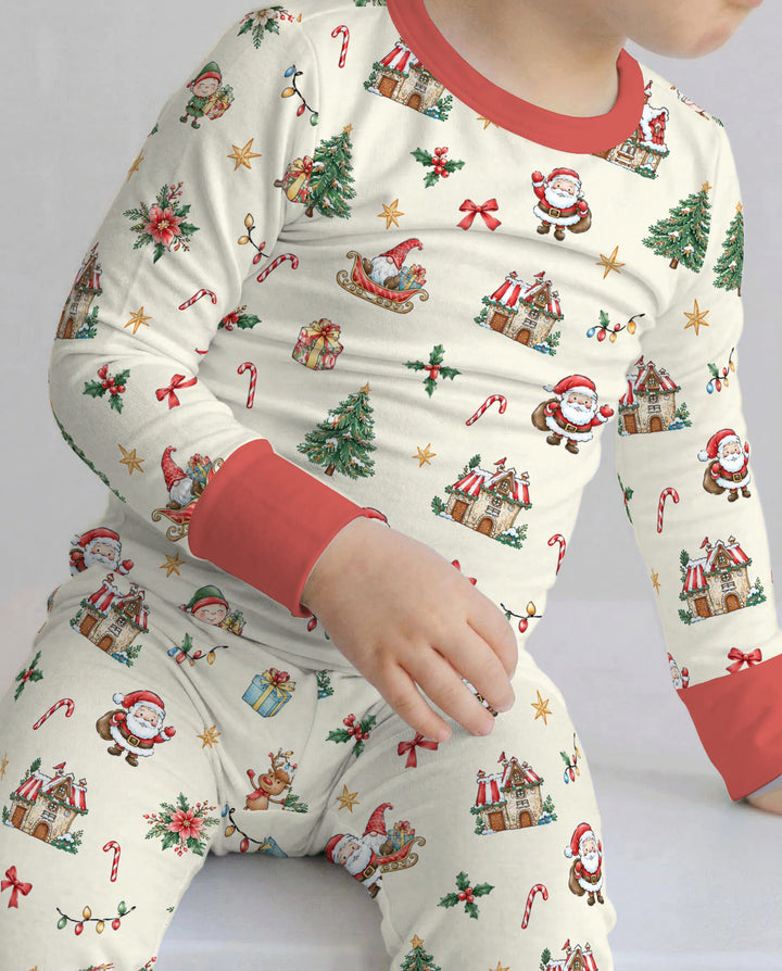Vintage Santa Christmas Village Bamboo Two Piece Long Sleeve Pajama Set