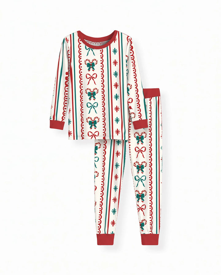 Retro Candy Cane Bow Christmas Stripes Bamboo Two Piece Long Sleeve Pajama Set