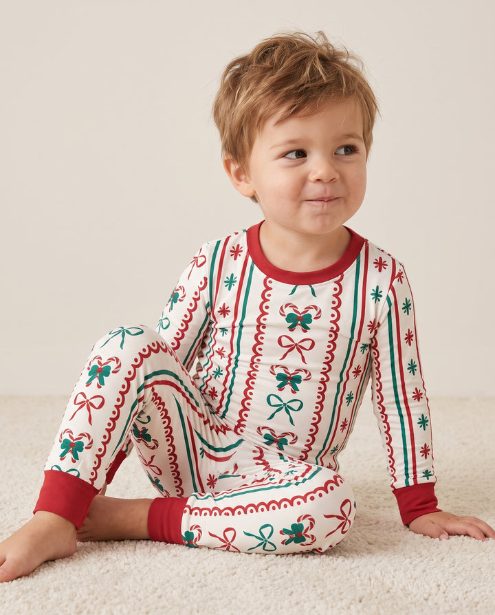 Retro Candy Cane Bow Christmas Stripes Bamboo Two Piece Long Sleeve Pajama Set
