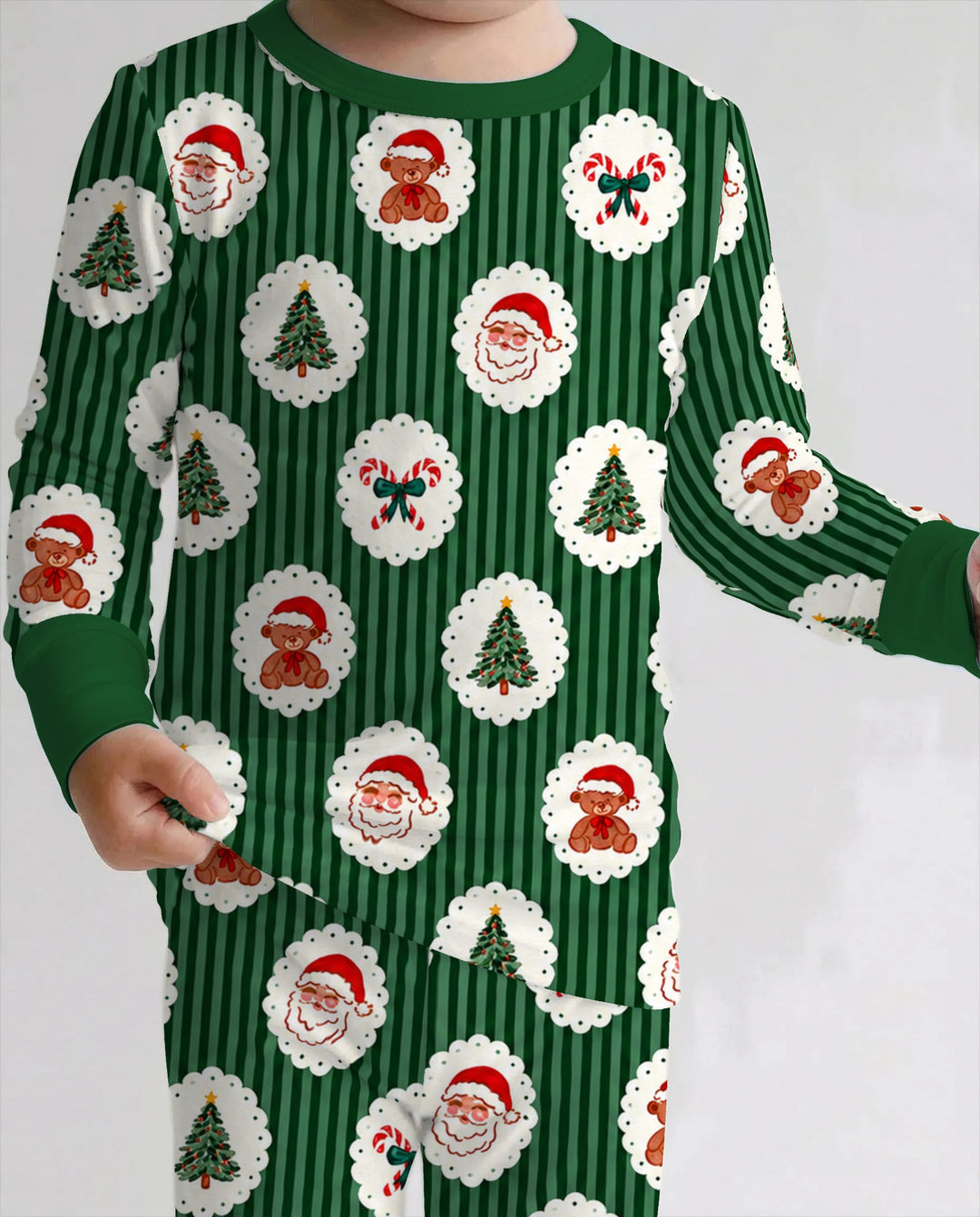 Vintage Santa Teddy Bear Christmas Stripes Bamboo Two Piece Long Sleeve Pajama Set