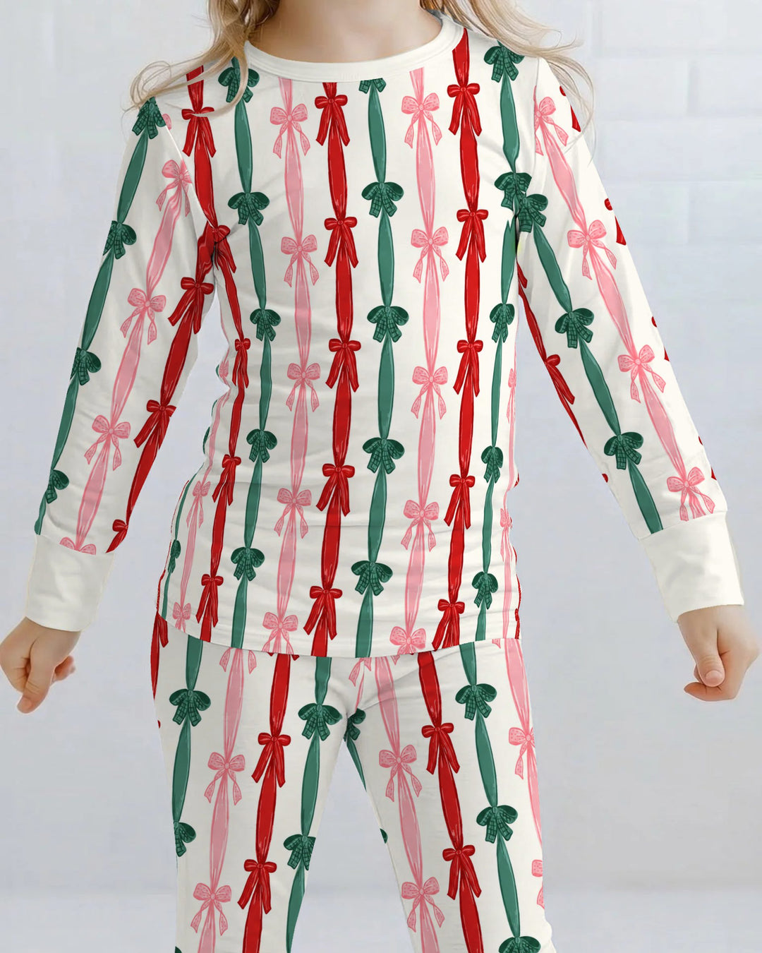 Coquette Christmas Ribbon Bow Stripes Bamboo Two Piece Long Sleeve Pajama Set