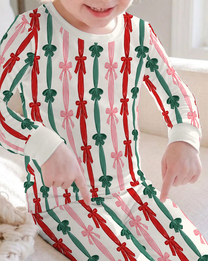 Coquette Christmas Ribbon Bow Stripes Bamboo Two Piece Long Sleeve Pajama Set