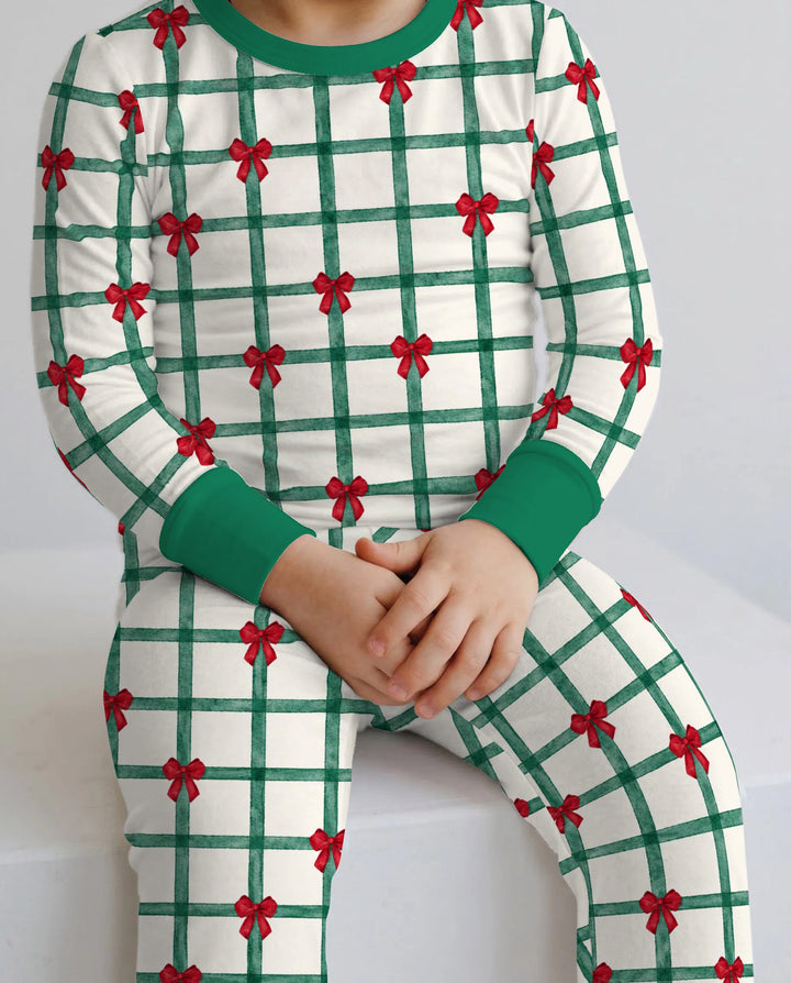 Christmas Plaid Red Bow Bamboo Two Piece Long Sleeve Pajama Set