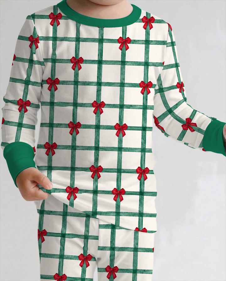 Christmas Plaid Red Bow Bamboo Two Piece Long Sleeve Pajama Set