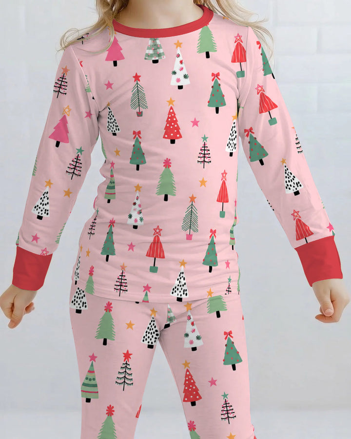 Whimsical Pink Christmas Trees Bamboo Two Piece Long Sleeve Pajama Set