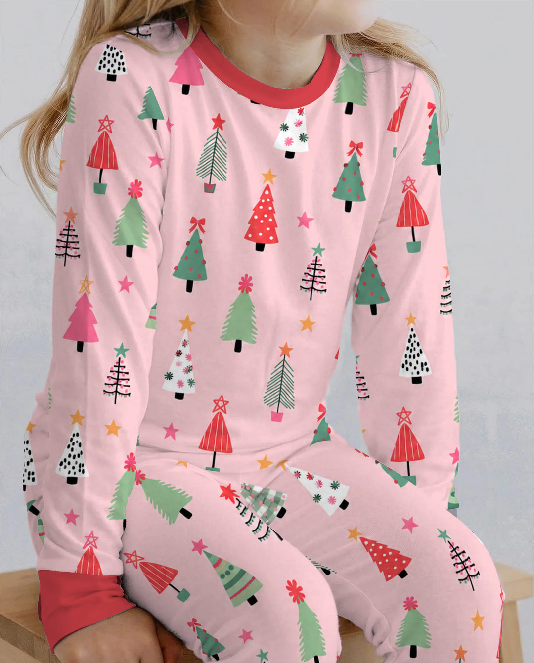 Whimsical Pink Christmas Trees Bamboo Two Piece Long Sleeve Pajama Set