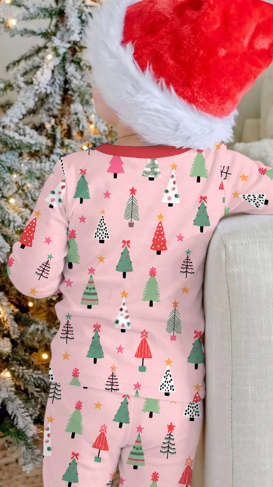 Whimsical Pink Christmas Trees Bamboo Two Piece Long Sleeve Pajama Set