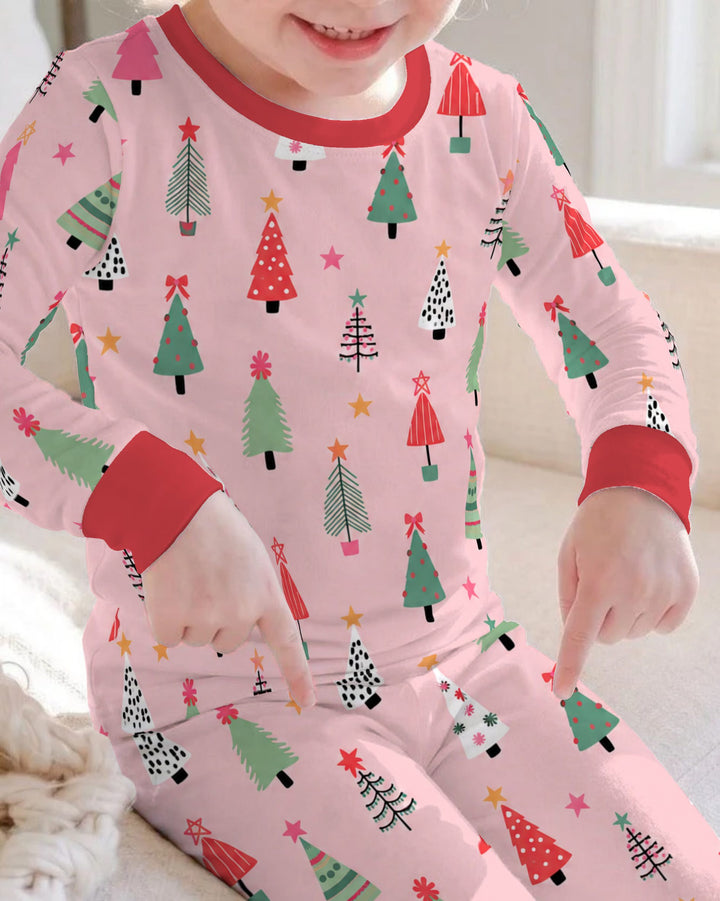 Whimsical Pink Christmas Trees Bamboo Two Piece Long Sleeve Pajama Set