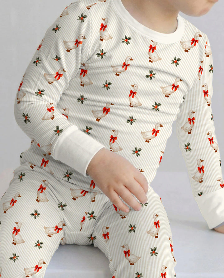 Christmas Goose Red Bow Bamboo Two Piece Long Sleeve Pajama Set
