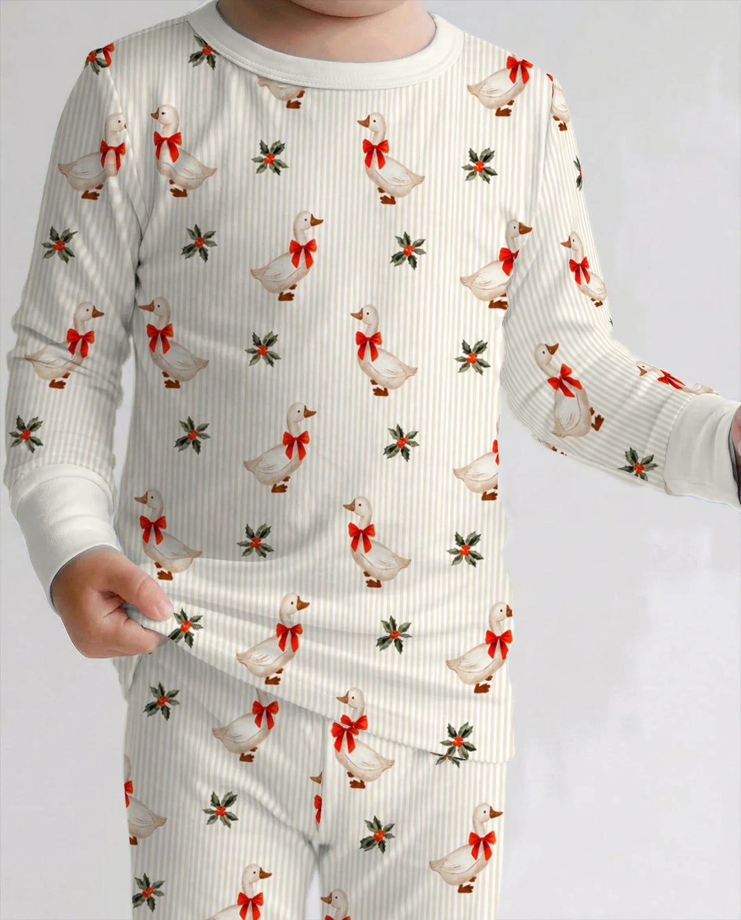 Christmas Goose Red Bow Bamboo Two Piece Long Sleeve Pajama Set