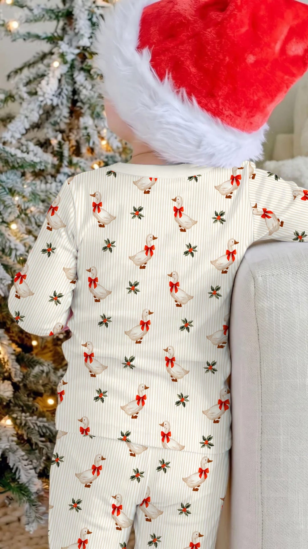 Christmas Goose Red Bow Bamboo Two Piece Long Sleeve Pajama Set
