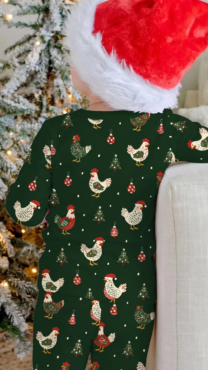 Festive Christmas Chickens Bamboo Two Piece Long Sleeve Pajama Set