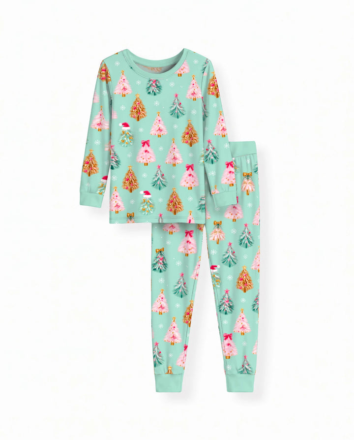 Pink & Gold Christmas Trees Bamboo Two Piece Long Sleeve Pajama Set