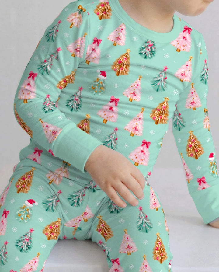 Pink & Gold Christmas Trees Bamboo Two Piece Long Sleeve Pajama Set