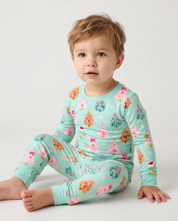 Pink & Gold Christmas Trees Bamboo Two Piece Long Sleeve Pajama Set