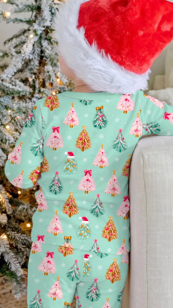Pink & Gold Christmas Trees Bamboo Two Piece Long Sleeve Pajama Set