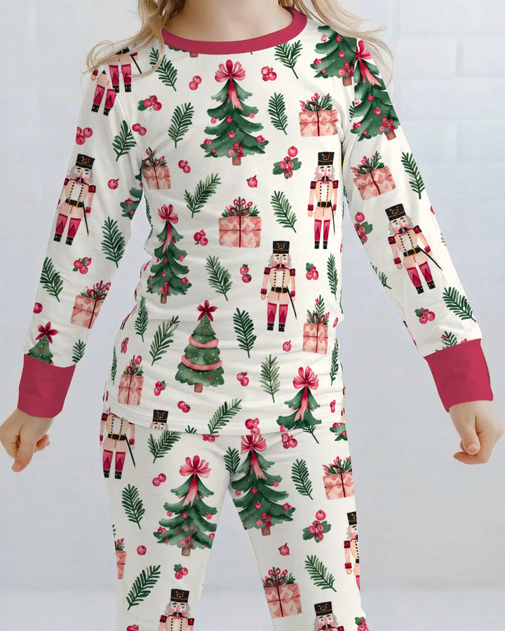 Pink Nutcracker Christmas Trees Bamboo Two Piece Long Sleeve Pajama Set