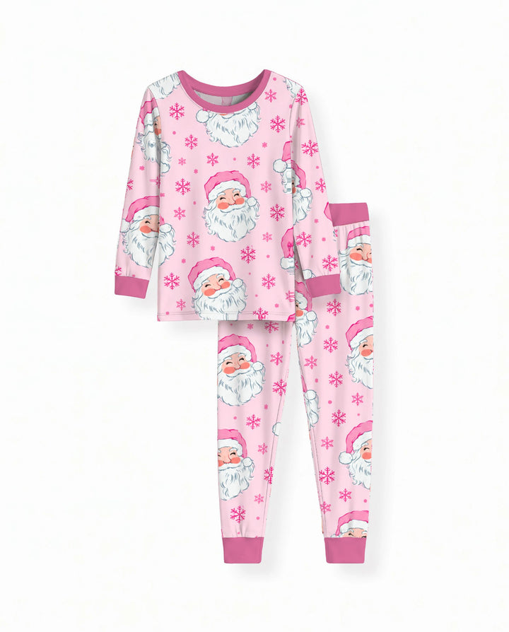 Pink Santa Snowflakes Bamboo Two Piece Long Sleeve Pajama Set