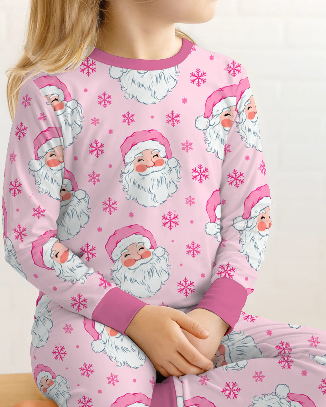 Pink Santa Snowflakes Bamboo Two Piece Long Sleeve Pajama Set