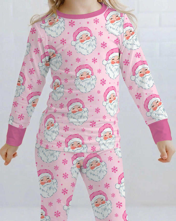 Pink Santa Snowflakes Bamboo Two Piece Long Sleeve Pajama Set