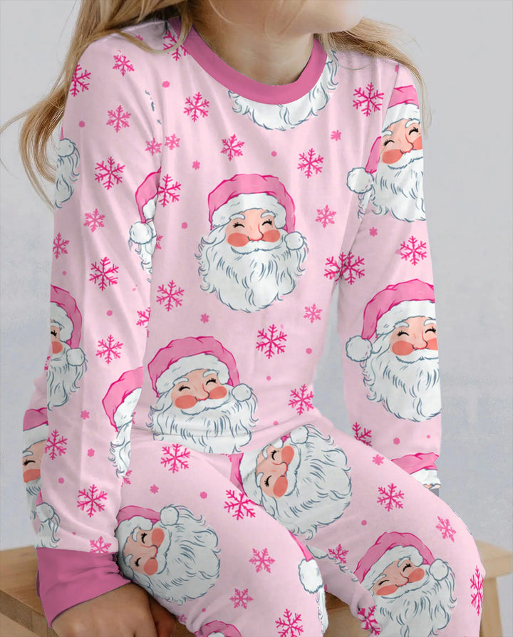 Pink Santa Snowflakes Bamboo Two Piece Long Sleeve Pajama Set