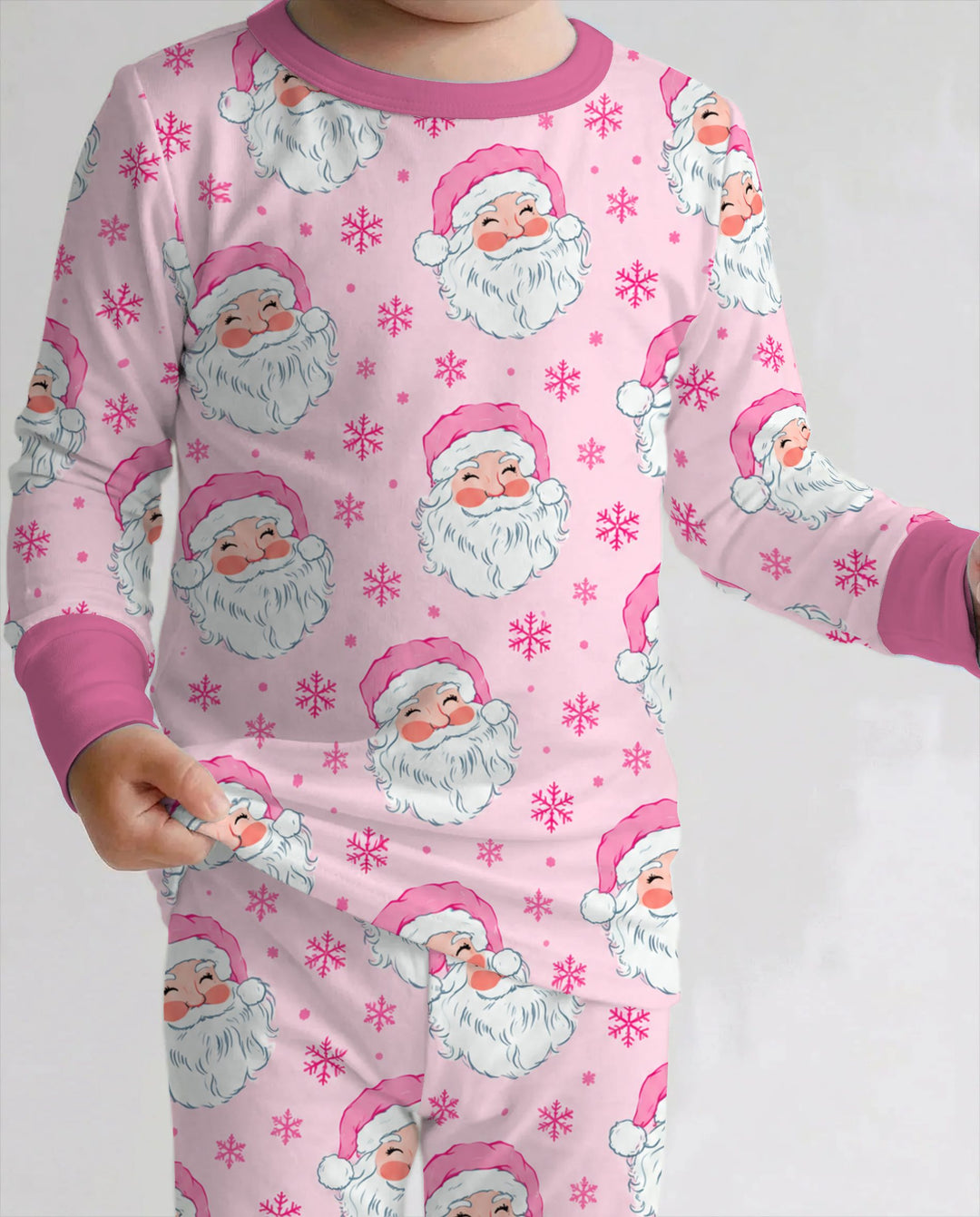 Pink Santa Snowflakes Bamboo Two Piece Long Sleeve Pajama Set