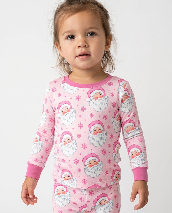 Pink Santa Snowflakes Bamboo Two Piece Long Sleeve Pajama Set
