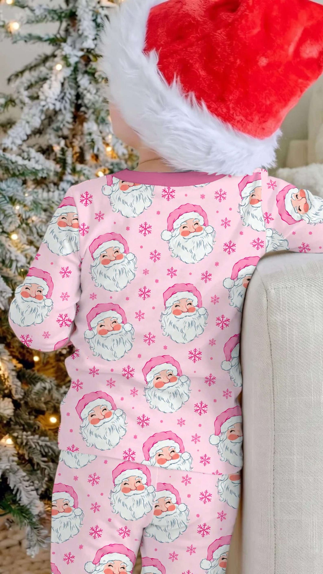 Pink Santa Snowflakes Bamboo Two Piece Long Sleeve Pajama Set