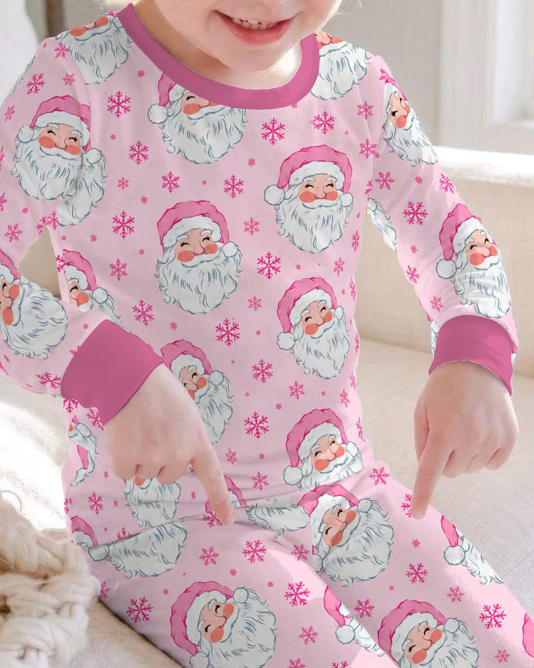 Pink Santa Snowflakes Bamboo Two Piece Long Sleeve Pajama Set