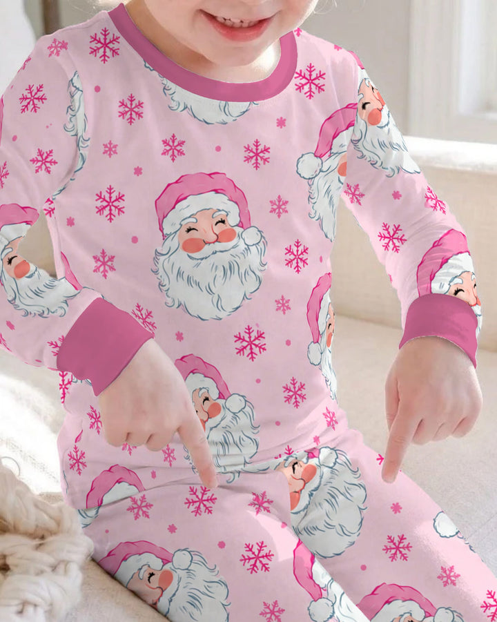 Pink Santa Snowflakes Bamboo Two Piece Long Sleeve Pajama Set