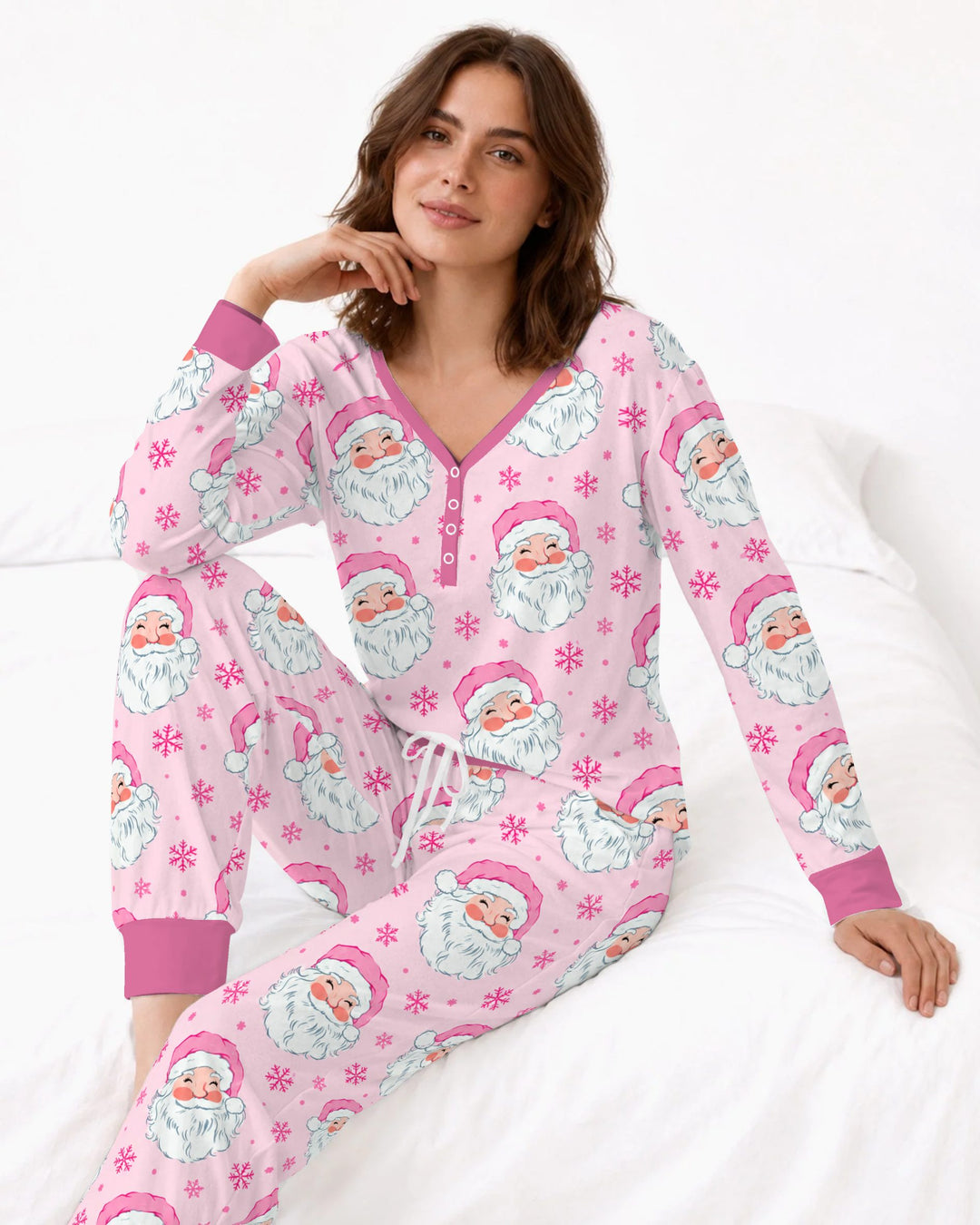 Pink Santa Snowflakes Bamboo Women Pajama Set