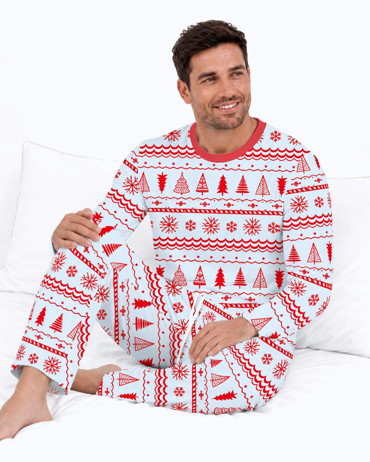 Red Nordic Christmas Trees & Snowflakes Bamboo Men's Pajama Set
