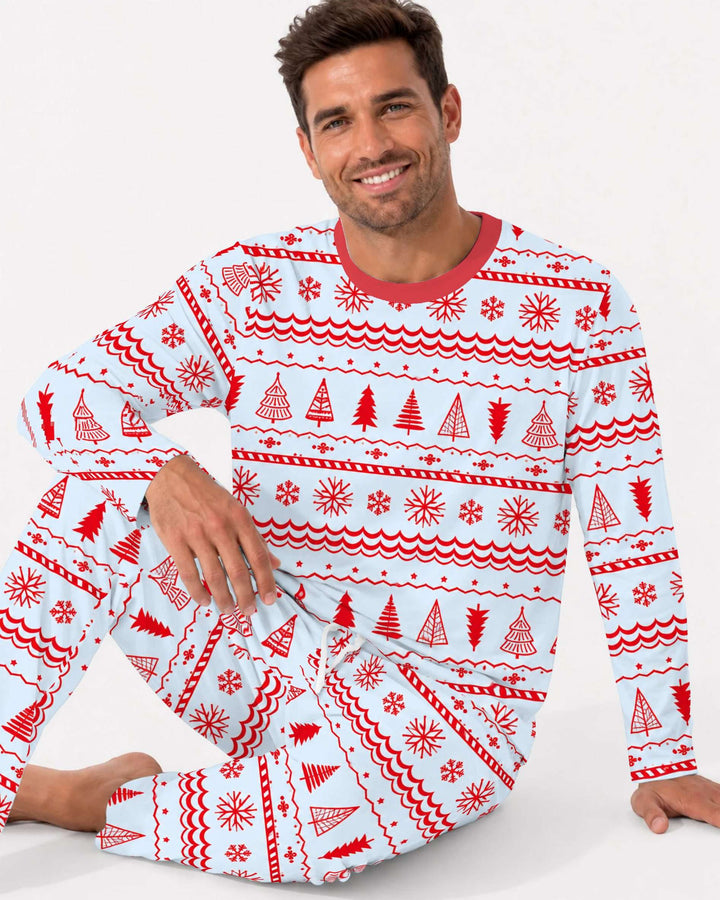 Red Nordic Christmas Trees & Snowflakes Bamboo Men's Pajama Set