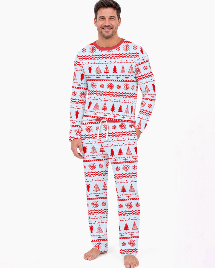 Red Nordic Christmas Trees & Snowflakes Bamboo Men's Pajama Set