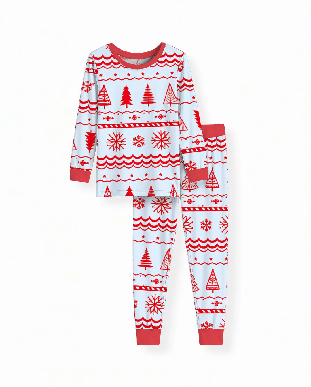 Red Nordic Christmas Trees & Snowflakes Bamboo Two Piece Long Sleeve Pajama Set