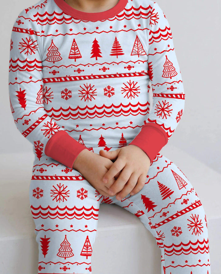 Red Nordic Christmas Trees & Snowflakes Bamboo Two Piece Long Sleeve Pajama Set
