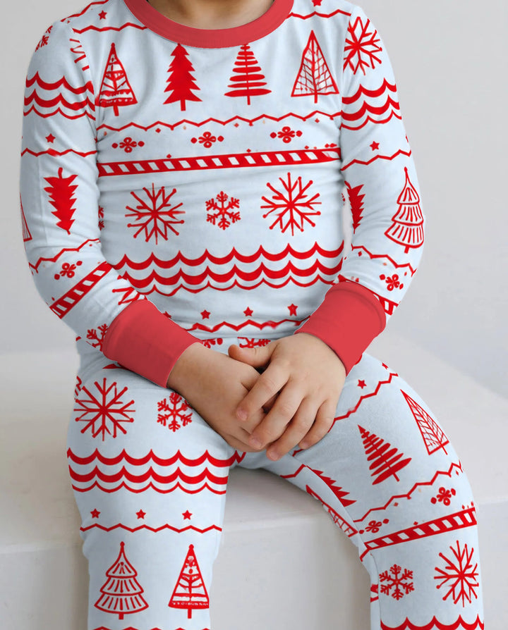 Red Nordic Christmas Trees & Snowflakes Bamboo Two Piece Long Sleeve Pajama Set