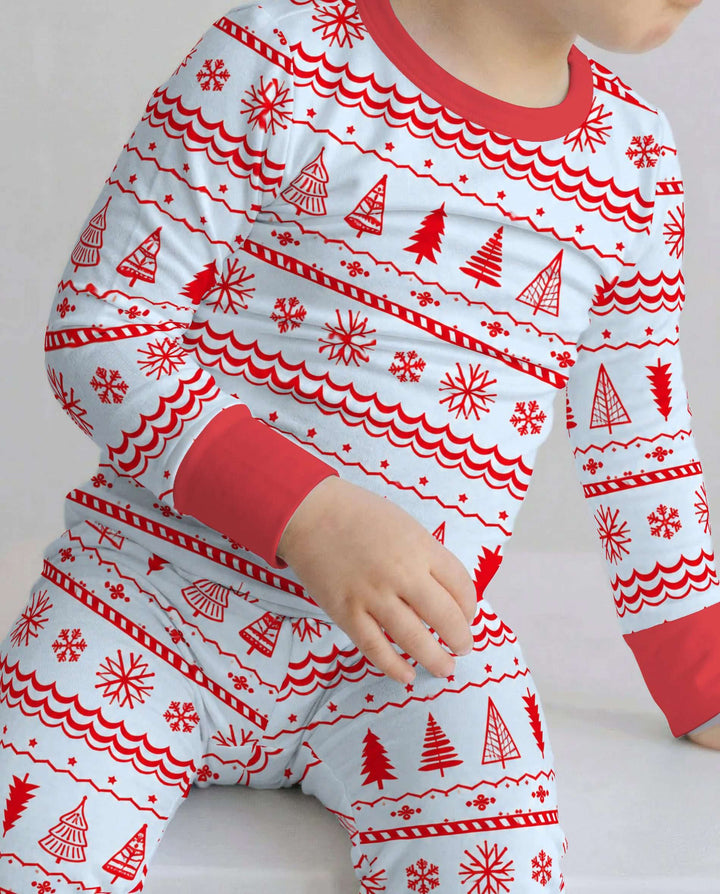 Red Nordic Christmas Trees & Snowflakes Bamboo Two Piece Long Sleeve Pajama Set