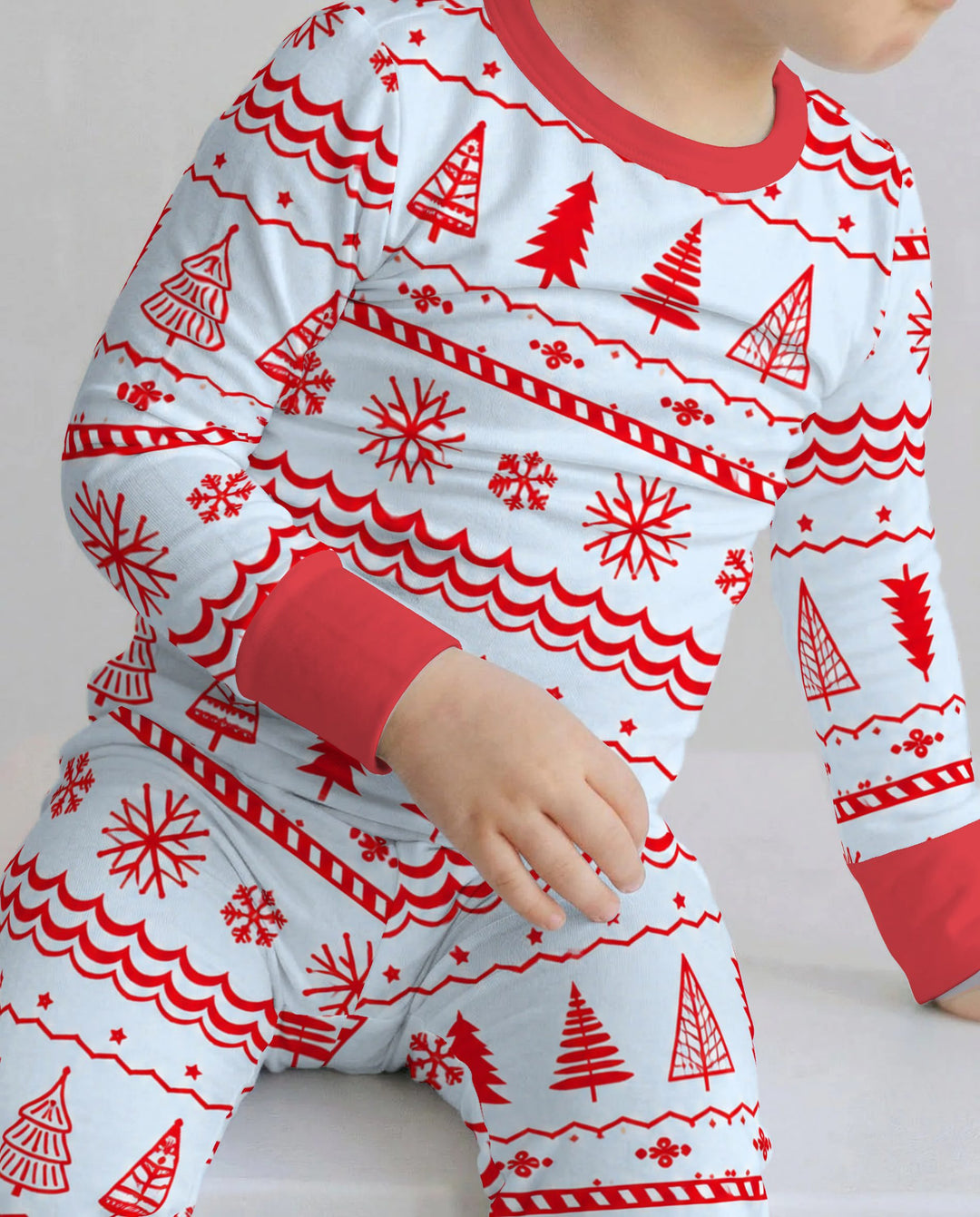 Red Nordic Christmas Trees & Snowflakes Bamboo Two Piece Long Sleeve Pajama Set