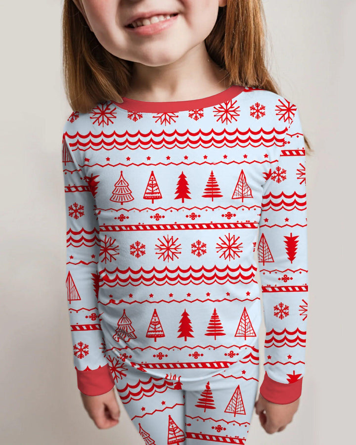 Red Nordic Christmas Trees & Snowflakes Bamboo Two Piece Long Sleeve Pajama Set